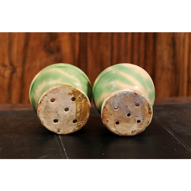 French 19th Century Green and Yellow Glazed Pottery Hanging Planters - A Pair For Sale - Image 10 of 13
