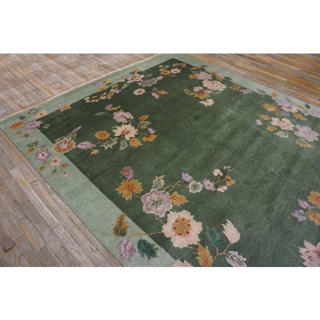 2020s Green Floral Contemporary Chinese Art Deco Rug 7'10" X 10'5" Handknotted Wool Carpet For Sale In New York - Image 6 of 7