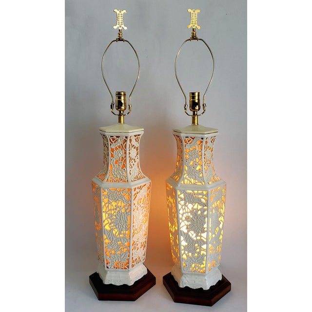 Chinoiserie Lamps Huge 26" Antique Pair White Blanc De Chine New Sockets For Sale - Image 3 of 16