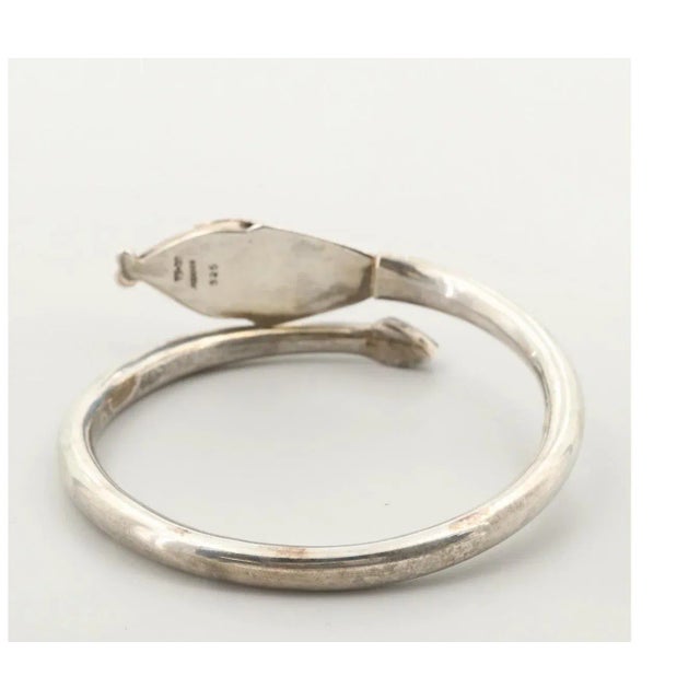 1980s Mexican Modern Sterling Obsidian Snake Bangle Bracelet-Hallmark-Two Trees -Listed in Book For Sale - Image 4 of 5