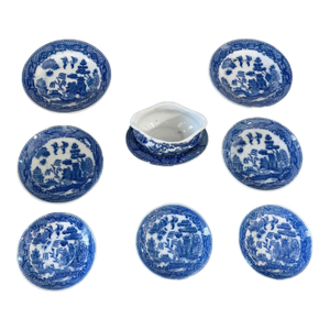 #696 Vintage Blue and White Willow Pattern Decorative Set of 8 Plates Made in Japan