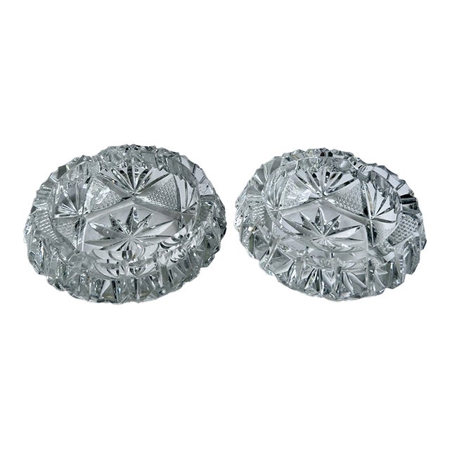 Vintage Pair of Bohemian Clear Cut Lead Crystal Ashtrays For Sale