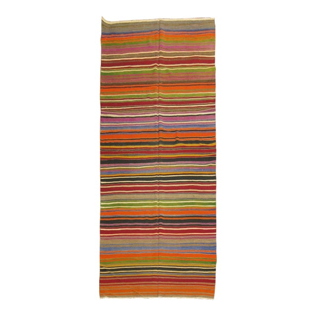 Vintage Zabihi Collection Striped Colorful Turkish Gallery Size Kilim - 5'3" x 13'5" For Sale