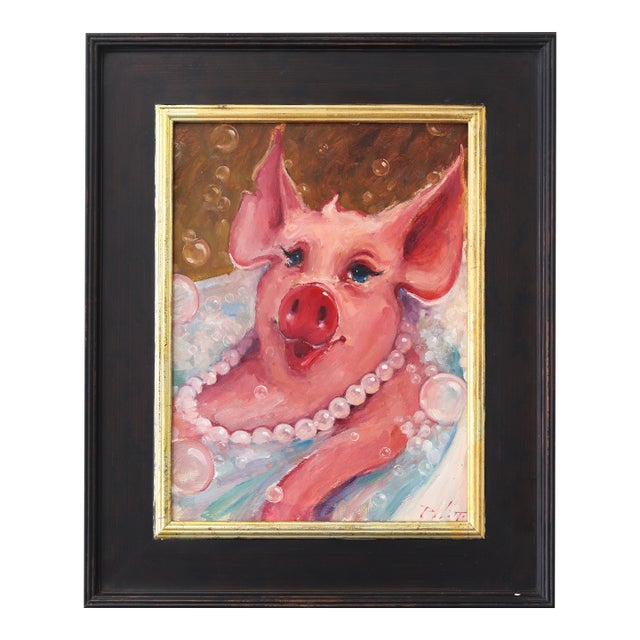 Bubbles - Original Pig Portrait Oil Painting in Gold Frame by Kyle Paliotto For Sale