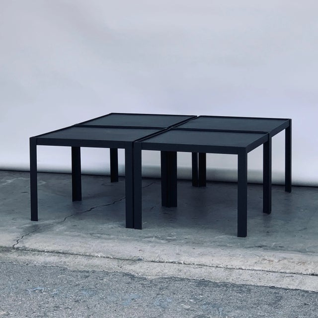 Metal Pion' Black Leather and Patinated Brass Occasional Tables by Design Frères - Set of 4 For Sale - Image 7 of 12