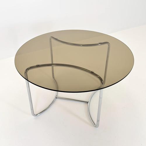 Mid-Century Modern Italian Round Smoked Glass Table and Cantilever Chairs by Gastone Rinaldi, 1970s, Set of 7 For Sale - Image 9 of 18