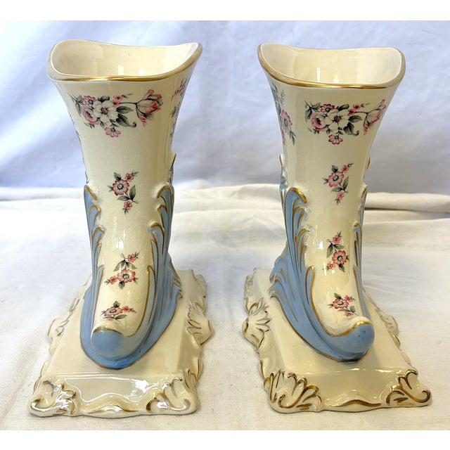 Shabby Chic Mid 20th Century Porcelain Cornucopia Vases With French Belle Epoque Design- A Pair For Sale - Image 3 of 17