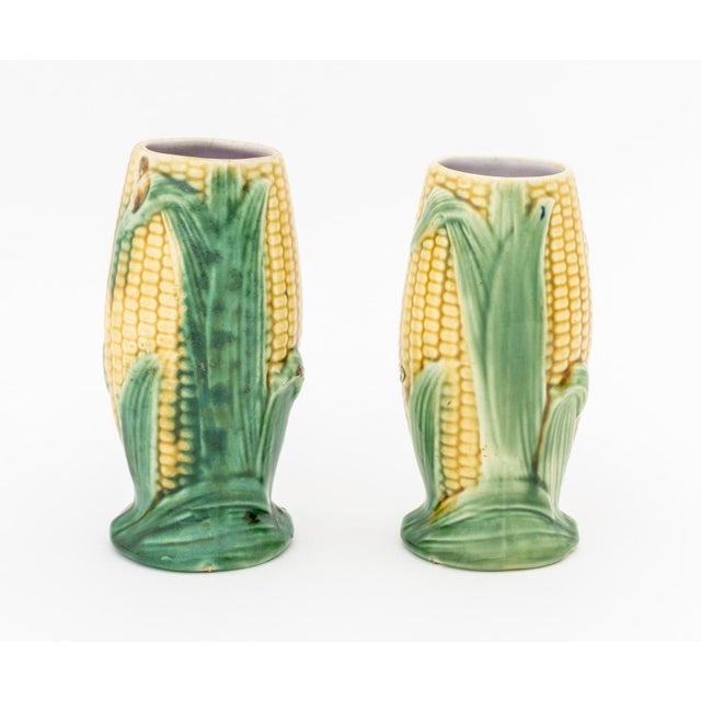 Group of Three English Majolica Ear of Corn Pitcher and Vases, pitcher with makers mark and "E12" underside, and two...