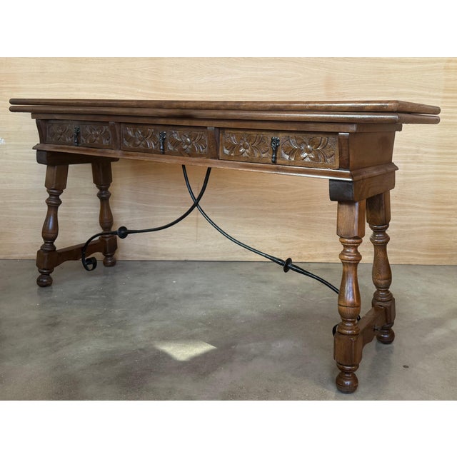 Early 20th Century Spanish Fold Out Console Table with Iron Stretcher & 3 Drawer For Sale - Image 17 of 18