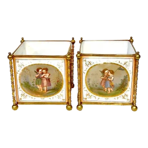 19th C. French Opaline & Gilt Bronze Aesthetic ' Fairy' Motif Cachepots - a Pair