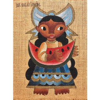 Jose Maria de Servin, Folk Art Mexican Girl with Watermelon Oil Painting on Burlap For Sale