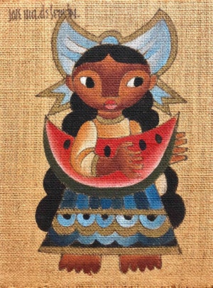 Jose Maria de Servin, Folk Art Mexican Girl with Watermelon Oil Painting on Burlap