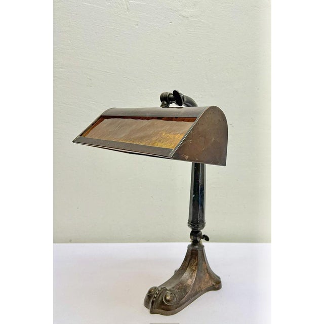 Art Nouveau Bankers Lamp in Brass with Colored Glass Lampshade, 1930s For Sale - Image 12 of 12