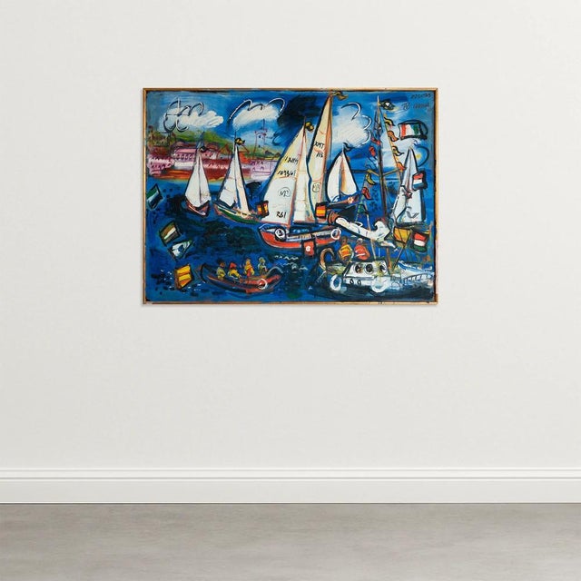 A striking original oil painting by Spanish artist Fermín Vilanova, Sailboats at Regatta (1960) bursts with energy, color,...