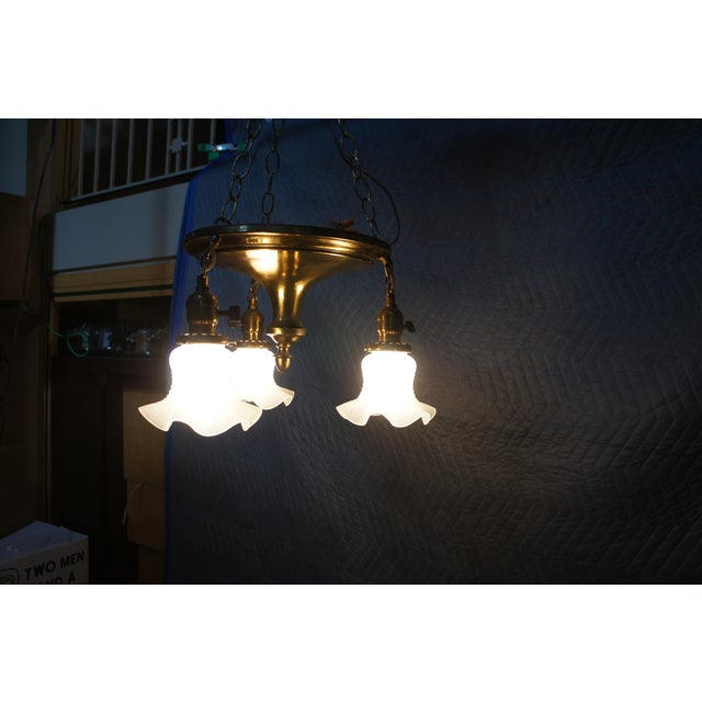 Antique Victorian Brass Ruffled Glass 3 Light Parlor Pendant Light Chandelier For Sale - Image 12 of 13