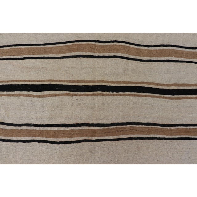 Turkish Vintage Kilim Rug With Ivory Field and Warm Brown Stripes For Sale - Image 4 of 12