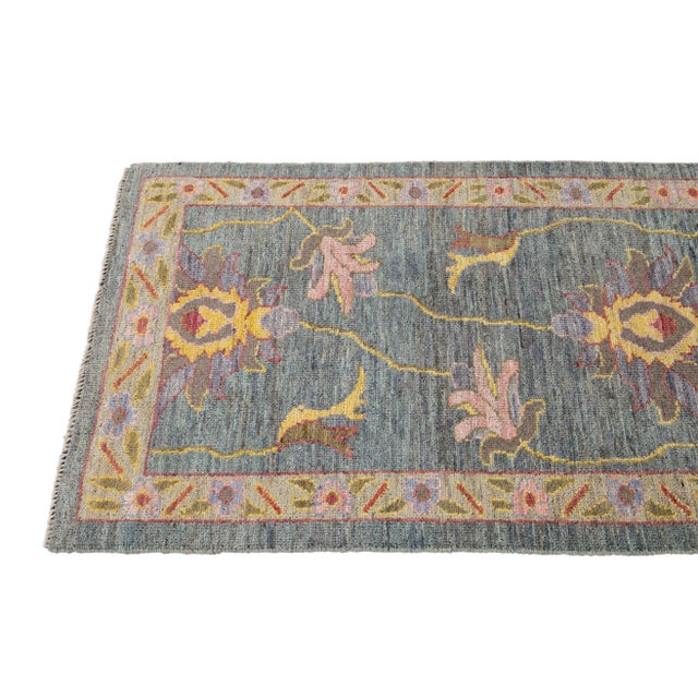 Modern Oushak Handmade Gray Botanical Wool Runner For Sale - Image 11 of 12
