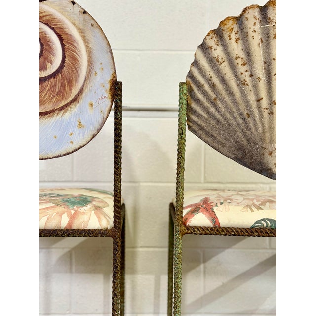 Vintage Artisan Sculptural Twisted Wrought Iron Verdigris Shell Bar Stools For Sale - Image 9 of 10