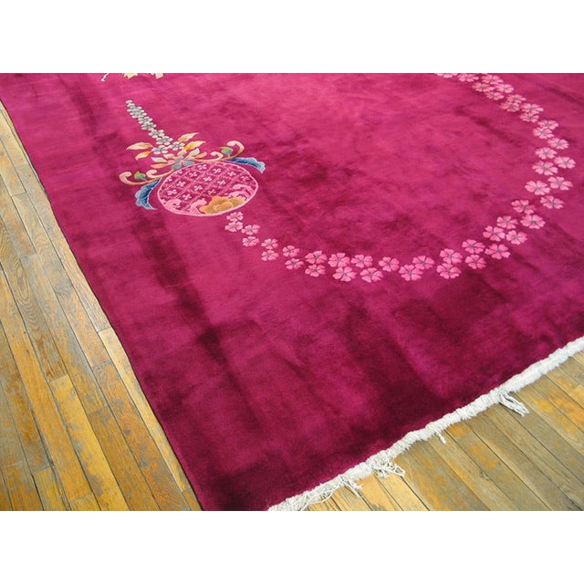 1920s Red Raspebery Unique Floral Antique Chinese Art Deco Rug 8' 10" X 11' 6" Handknotted Wool Carpet For Sale - Image 4 of 6
