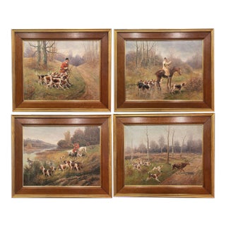 Set of Four 19th Century Framed Oil on Canvas Hunt Paintings Signed E. Godchaux For Sale