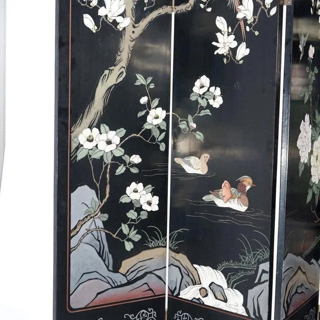 Wood Ebonized Chinoiserie Decorated Four Panel Landscape Screen with Garden, 20th Century For Sale - Image 7 of 13