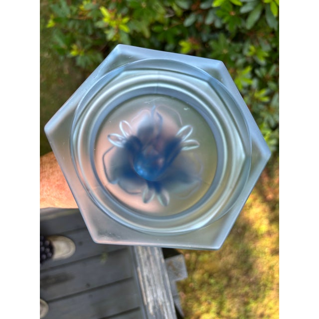 Large Vintage Three Graces Art Deco German Walther & Sohne Blue Frosted Glass Comport For Sale - Image 11 of 12