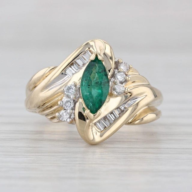 2010s 0.69ctw Marquise Emerald Diamond Ring 14k Yellow Gold Size 6.75 Bypass For Sale - Image 5 of 8