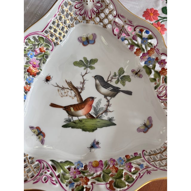White Herend Rothschild Openwork Triangular Dish With Birds For Sale - Image 8 of 10