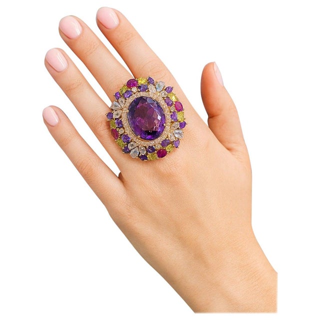 Bochic “Orient” Vintage Natural Ruby, Peridot & Amethyst Ring Set In 18K Gold & For Sale - Image 4 of 11