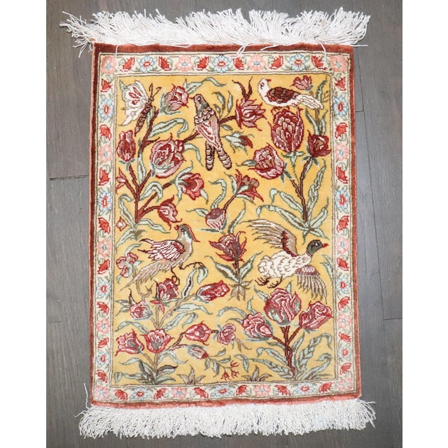 Red Silk Qum Botanical Mini Rug rug no.j4927 For Sale - Image 8 of 8