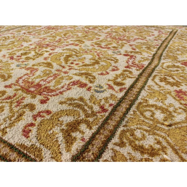 1930s Spanish Rug With Floral Yellow Green, Light Brown, Acid Green and Coral For Sale - Image 9 of 11