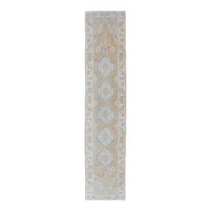 Soft Color Vintage Hand Knotted Turkish Oushak Runner With Medallion Design in Soft Peach