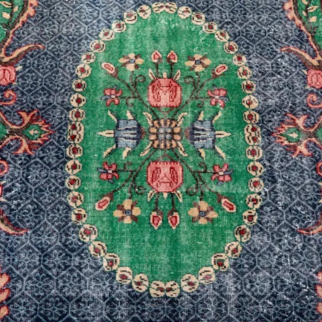 Art Deco Vintage Distressed Turkish Isparta Rug 5'6" X 9'2" Hand-Knotted Wool, Navy Green Red Rose Medallion Art Deco Design For Sale - Image 3 of 9