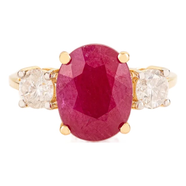 Art Deco Natural 3.19Ct Oval Cut Ruby & Diamond Ring Size 5.5 in 14k Yellow Gold For Sale
