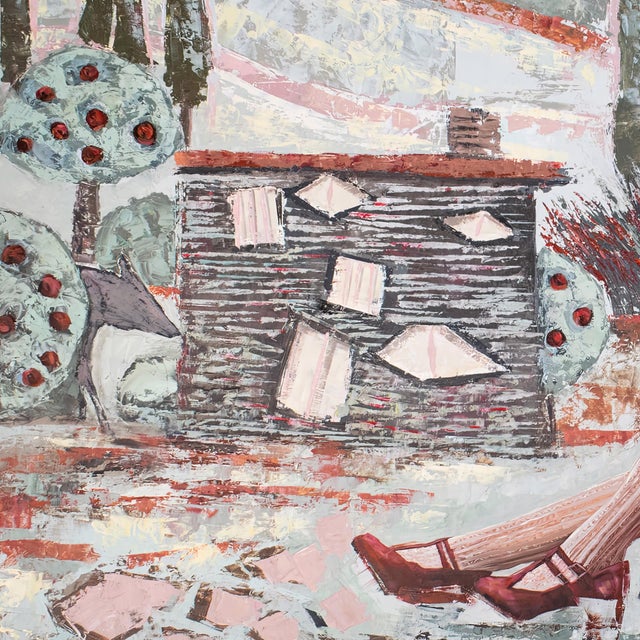 Surrealism Story of Red by Andrada Trapnell | Mixed media on board girl in a red hood sitting by a stone structure For Sale - Image 3 of 5