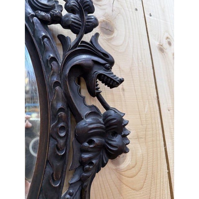 Oval Mirror in Carved Wood with Dragon Heads, 1890s For Sale - Image 6 of 9