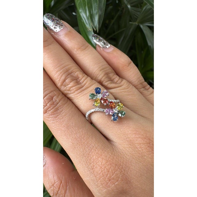 Set in 18k White Gold, Ceylon Multi Sapphires & Diamonds Engagement Ring, Us Size 6.5 For Sale - Image 6 of 11