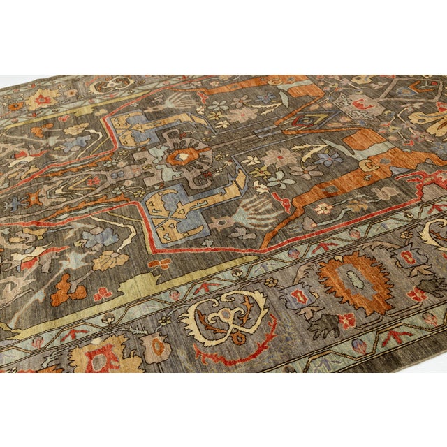 Gray Hand-Knotted Modern Bidjar Style Wool Area Rug – Earthy Charcoal & Terra Cotta For Sale - Image 8 of 10