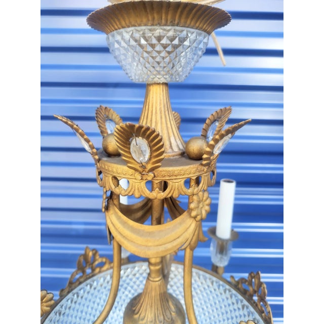 Vintage Hollywood Regency Brass Italian Diamond Cut Glass Elegant Swag 6 Light Chandelier For Sale - Image 9 of 13