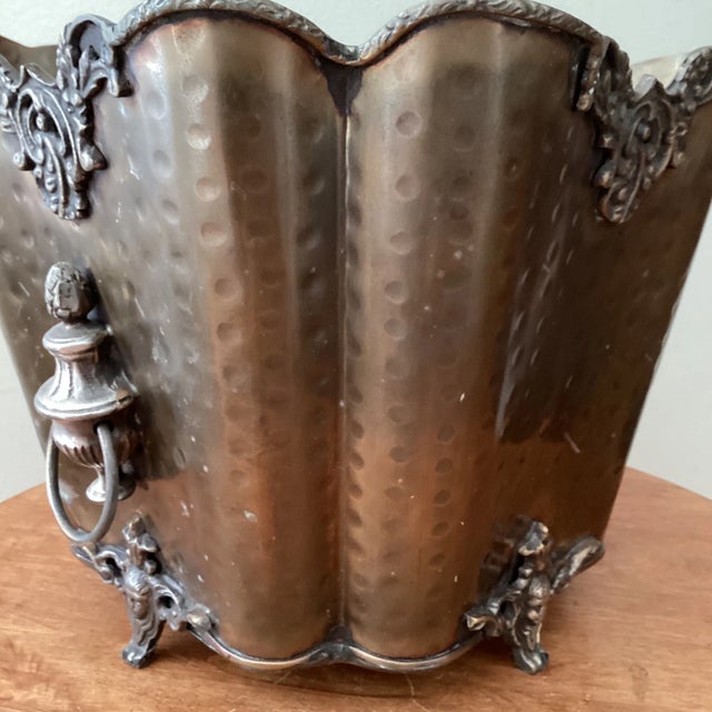 Metal Vintage Hammered Brass Footed Cachepot/Champagne Basket/Planter With Handles For Sale - Image 7 of 12