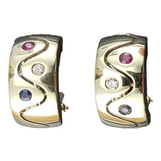 14k Yellow Gold Sapphire, Ruby & Diamond Half Hoop Earrings - 2 Pieces For Sale