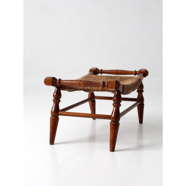Brown Vintage Early American Rush Seat Bench Stool For Sale - Image 8 of 17