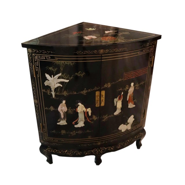 Late 20th Century Black Lacquer Chinese Corner Cabinet With Inlaid Stone For Sale - Image 5 of 10