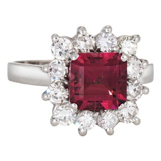 Pink Tourmaline Diamond Ring Platinum Sz 6 Emerald Cut Square Cocktail Jewelry For Sale