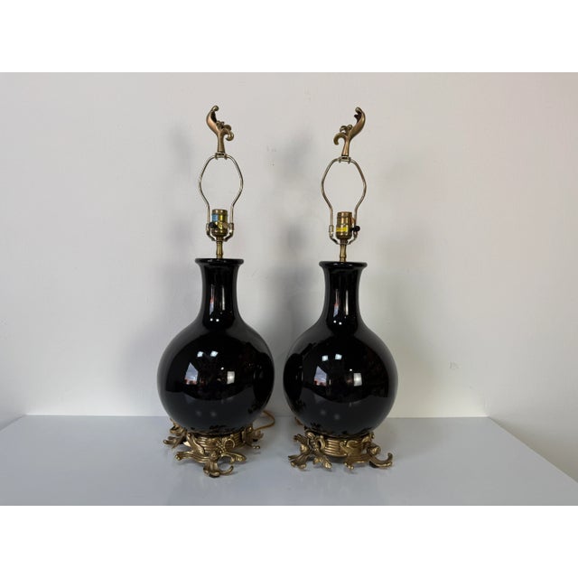 Metal 1980s Vintage Chapman Black Glazed Ceramic Table Lamps – A Pair For Sale - Image 7 of 12