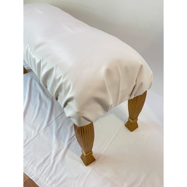 Art Deco Large White Leather Gold Wood Bench For Sale - Image 3 of 12