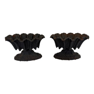 Antique French Neoclassical Cast Iron Fluted Garden Urns, Circa 1900 a Pair For Sale