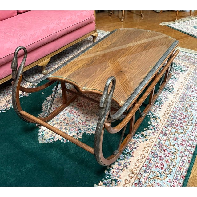 Vintage Tell City Trails Collection Wooden Sleigh Coffee Table with custom glass top. Made in Indiana. Solid Wood with...