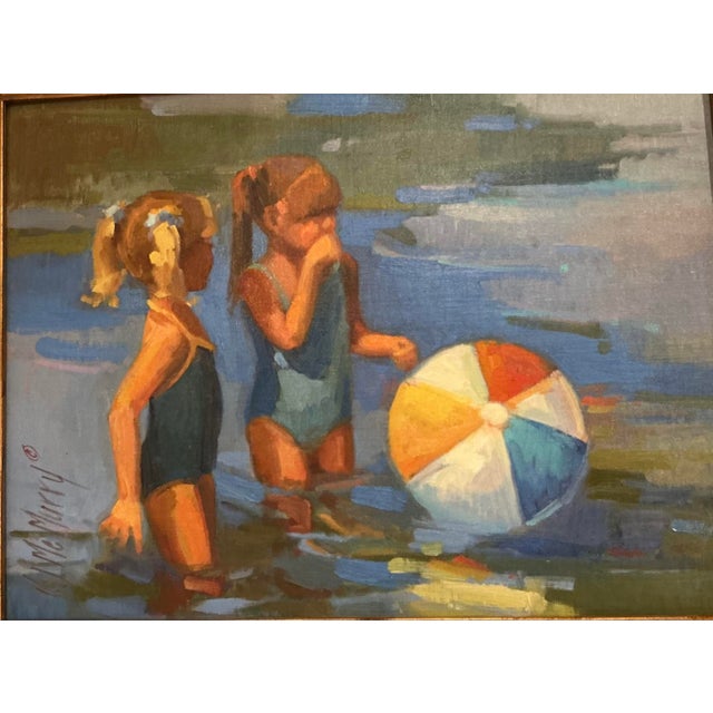 Two vibrant painting depicting children playing at the beach. The colors are vibrant and intense in the sunlight...