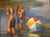 Two vibrant painting depicting children playing at the beach. The colors are vibrant and intense in the sunlight...